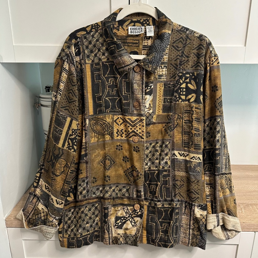 Chico's Design Jacket Womens 3 XL Brown Linen Blend Tribal Patchwork Button Up
